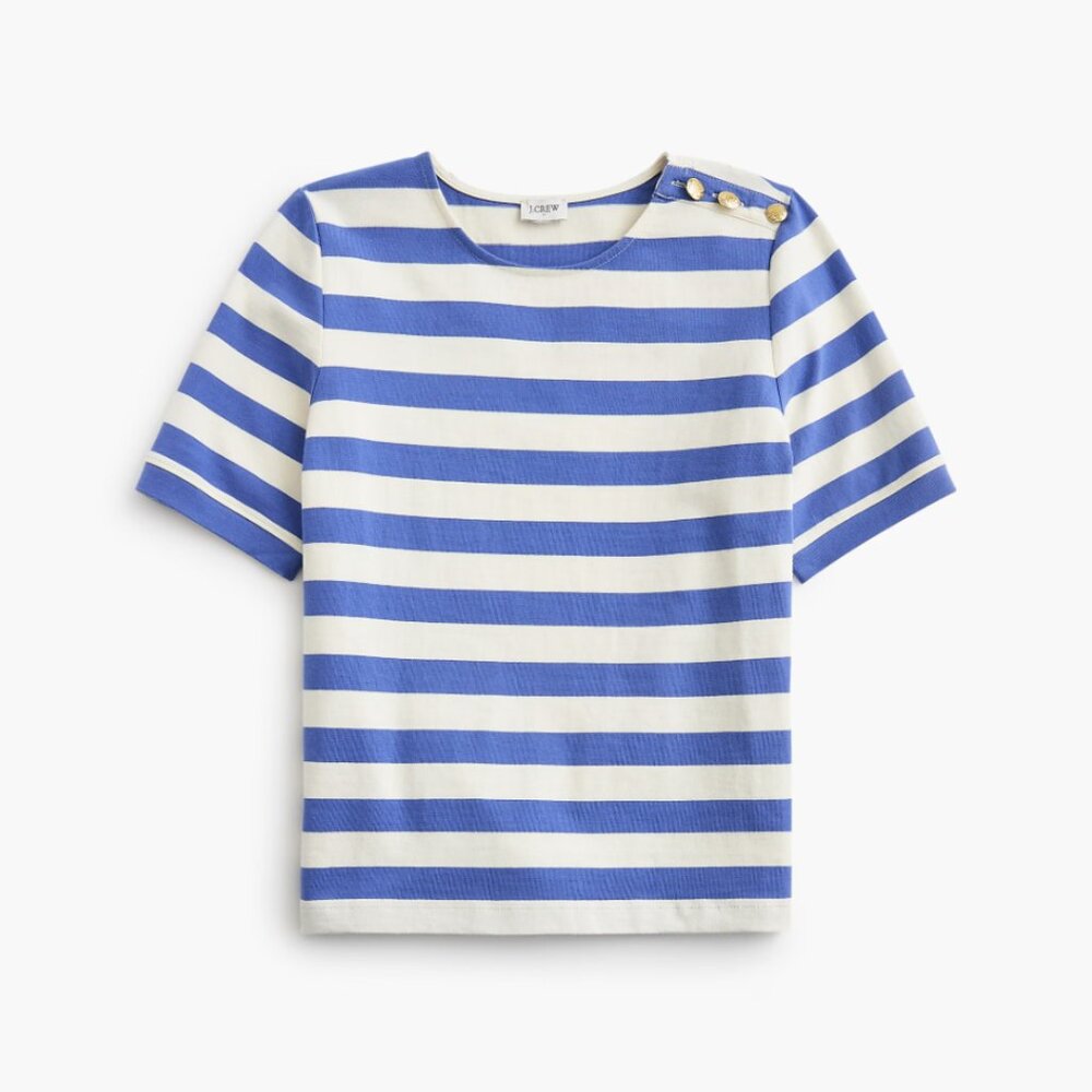 J. Crew Blue and White Striped Short Sleeve Knit Tee with Shoulder Buttons